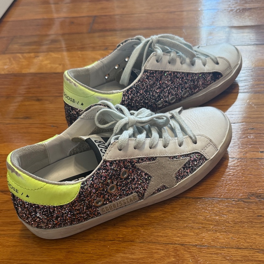 Golden Goose White and Glitter Sneakers with Neon Yellow Heel